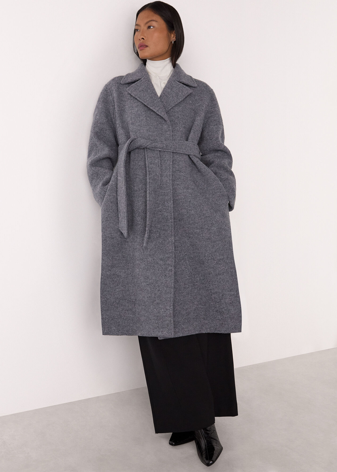 Grey Petite Long Belted Wool Coat | WHISTLES | Whistles US |